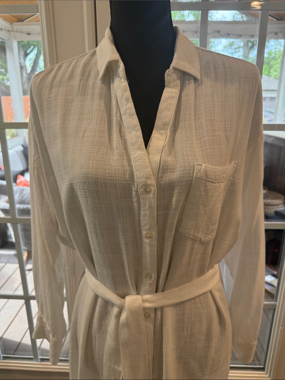 L Space Lightweight White Long-Sleeve Button Shirt Dress with Waist Tie - Picture 2 of 7